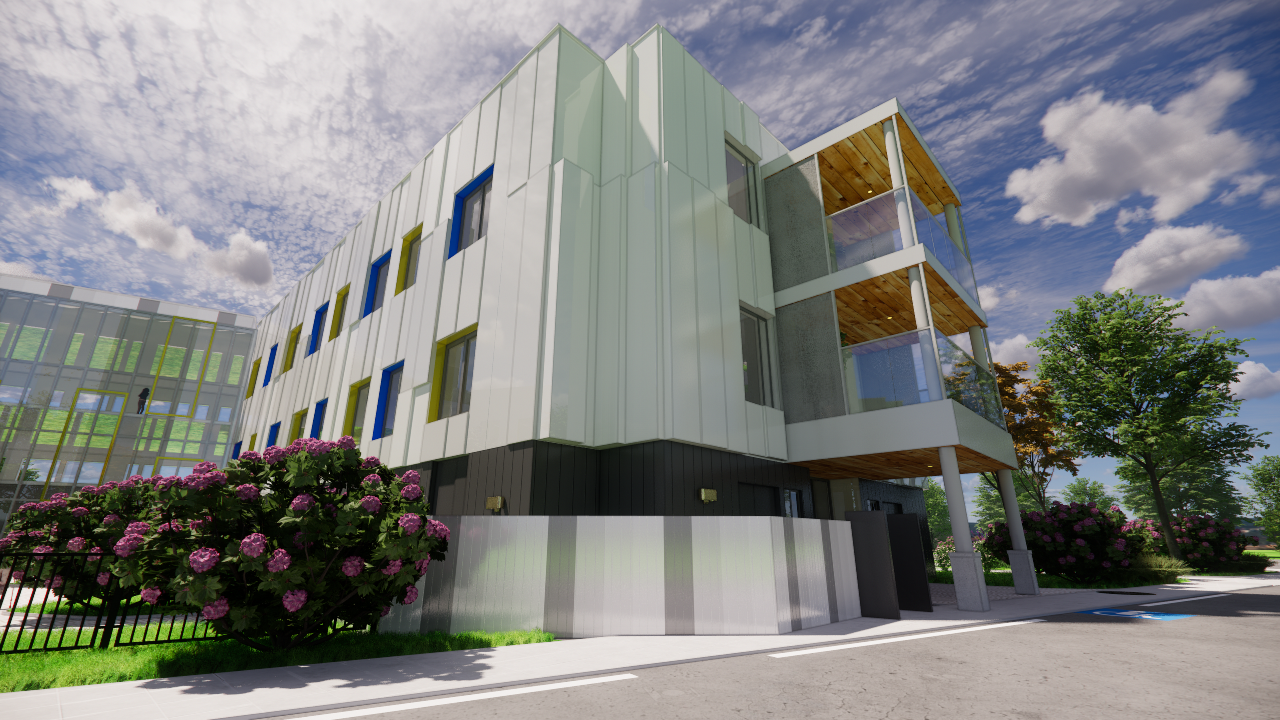 Modern facade with landscape